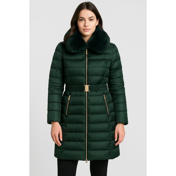 Michael Kors Green Longline Belted Puffer Coat Removable Faux Fur Collar Size M - Picture 1 of 16